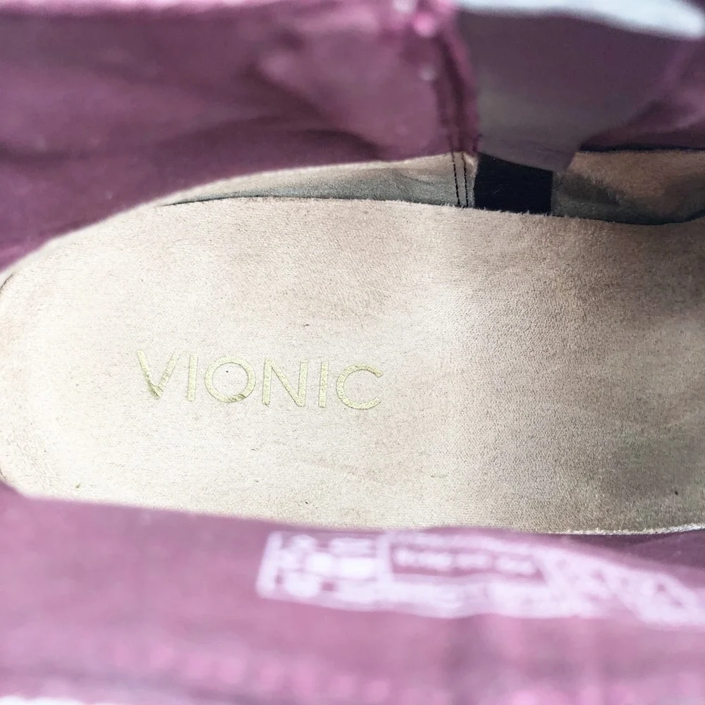 Vionic Shoes Womens 9 Vera Suede Ankle Boot Wine Burgundy Low Block Heel Booties